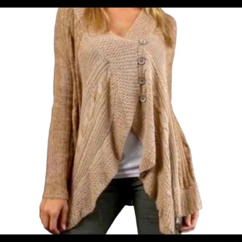 Free People Knit Button-Front Beige Poncho Sweater - XS